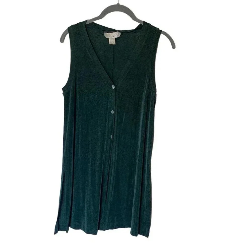 Vintage 90s Stretch Vest Sleeveless Cardigan Womens Size Small Dark Green Button